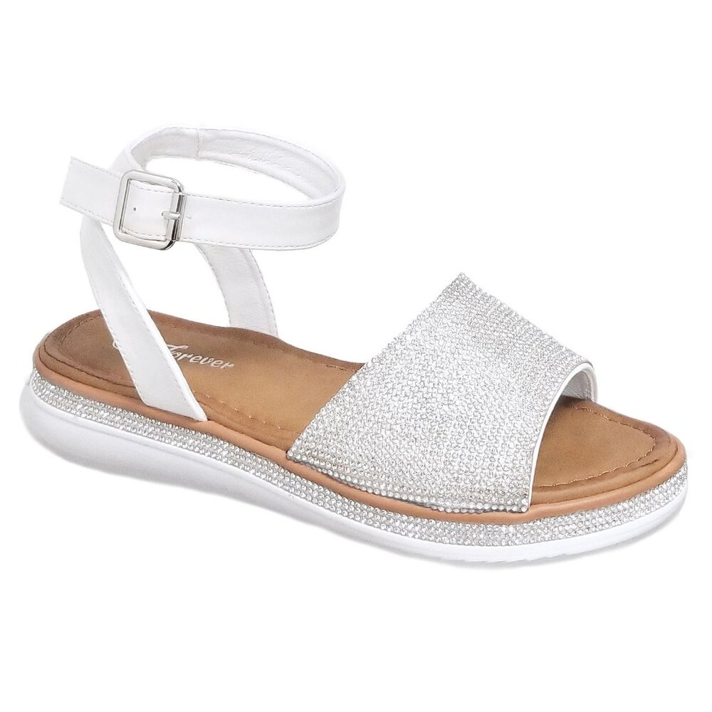New Womens White Rhinestone Wide Band Ankle Strap Flat Sandals - Size 8.5